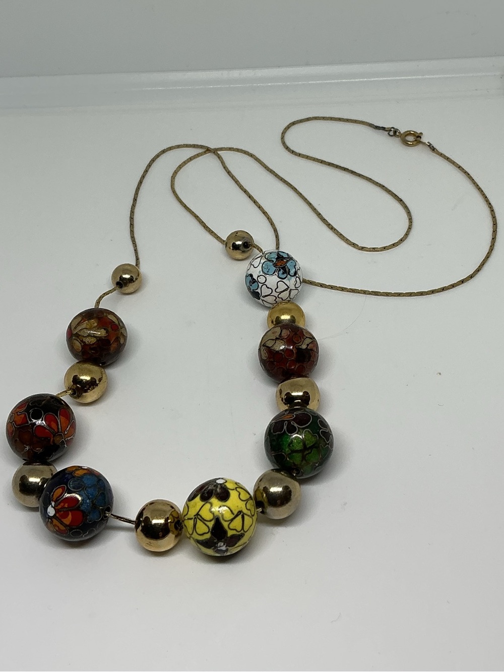 Vintage Chinese Cloisonné Bead Necklace Enamel Floral Beads, Gold-Tone